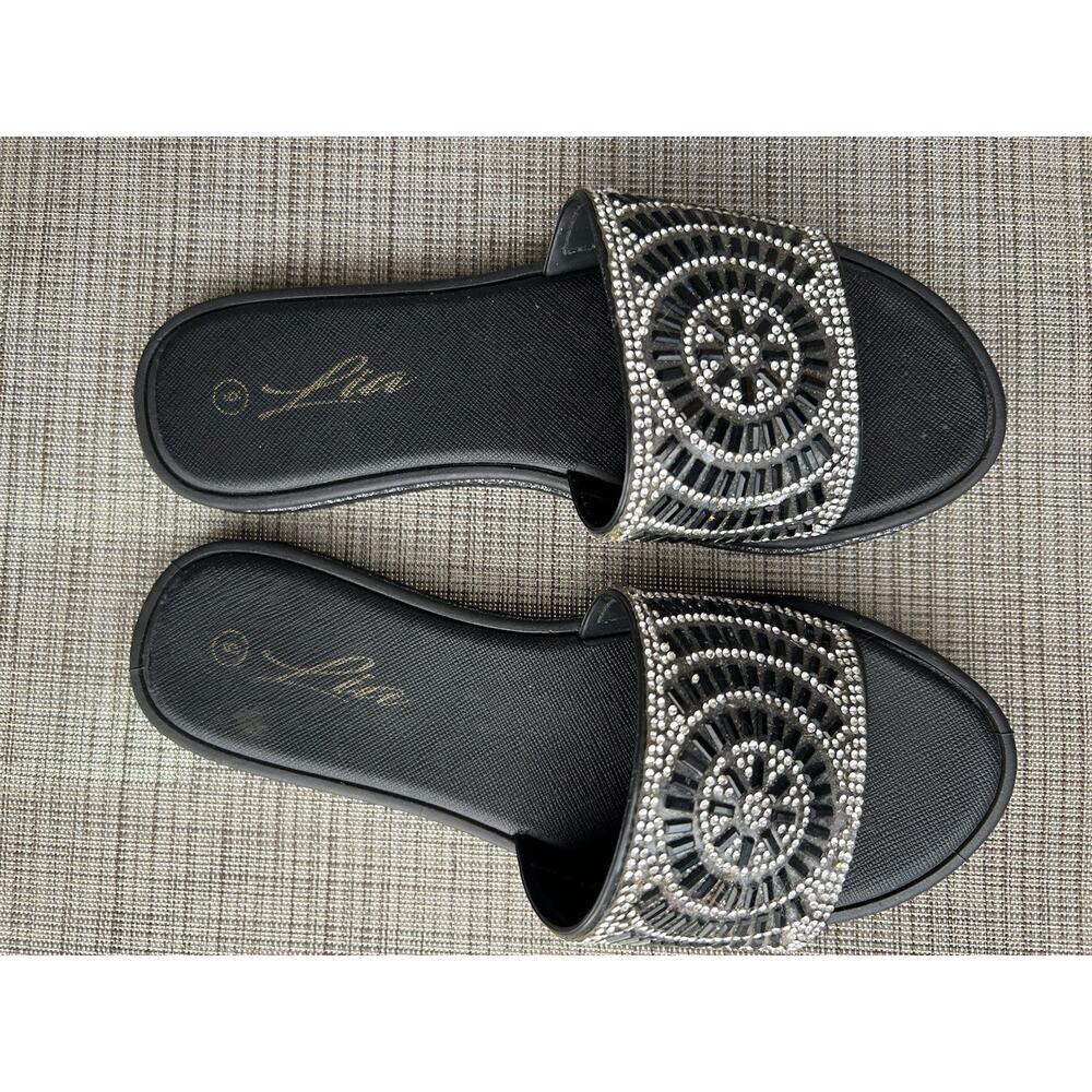 Liva Black Rhinestone Slide Sandals Women’s Size 6 | Flat Slip-On Shoes